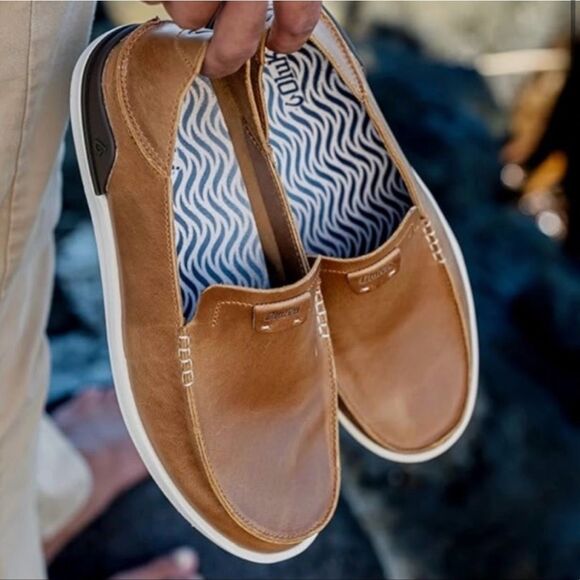 OluKai Kakaha Slip On Fox Brown Tan Leather Loafers Sneakers Drop In Heel 9.5 - Picture 16 of 16